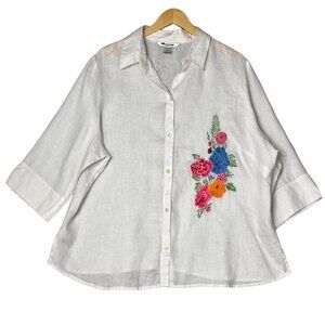 Nygard White Linen Multi Floral Embroidered Button-Up 3/4 Sleeve Shirt Size 20